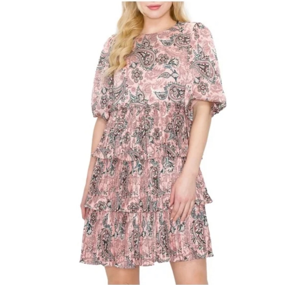MELLODAY Layered Tiered Chiffon Pink Paisley Dress S